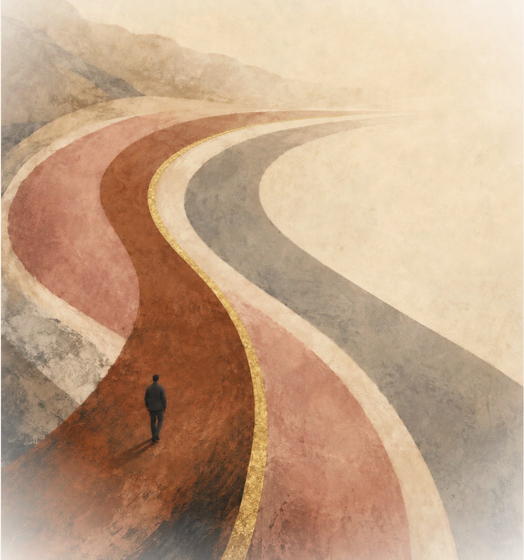 A figure walking a winding gold-lined path through branching trails